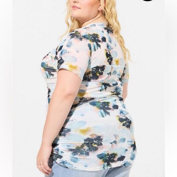 Torrid multi floral Stretch Mesh Crew Neck Ruched Top - Picture 3 of 10